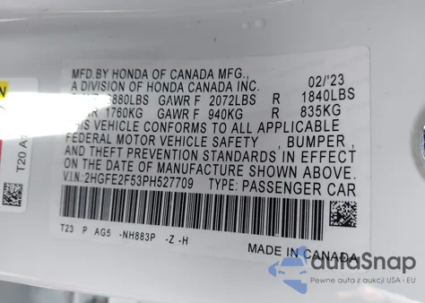 2023 Honda Civic Sport from USA, damaged, VIN 2HGFE2F53PH527709